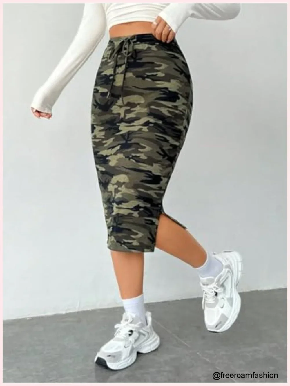 Women's High Waist Camo Print Pencil Skirt Drawstring Tie Side Split